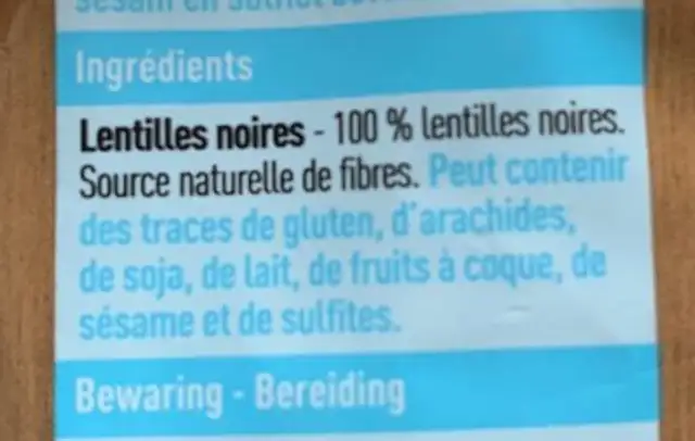 Lentilles noires ingredients label