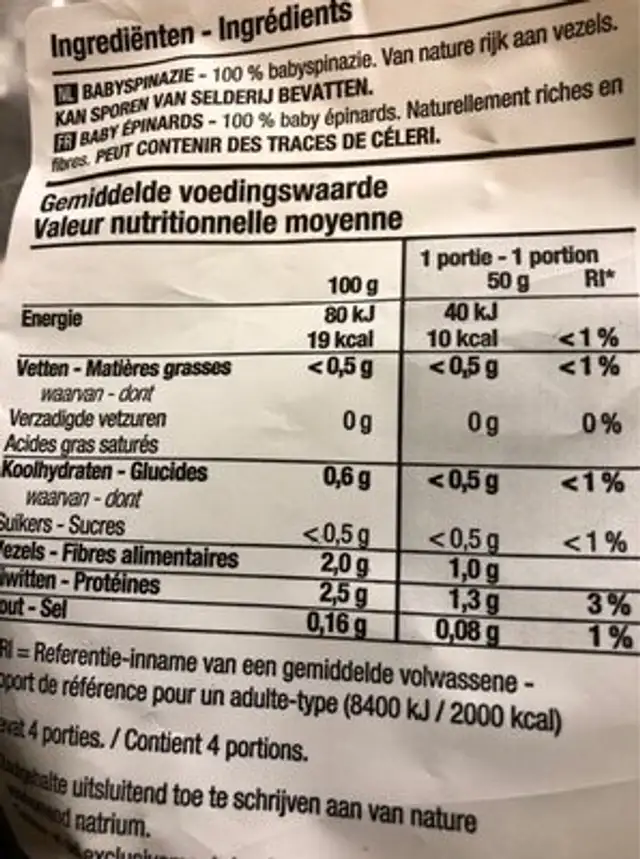 Babyspinazie nutrition facts table