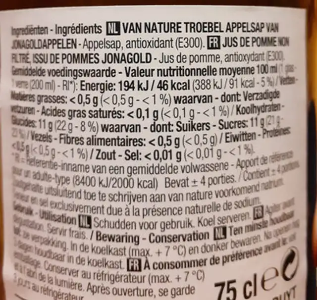 Jus de pomme ingredients label