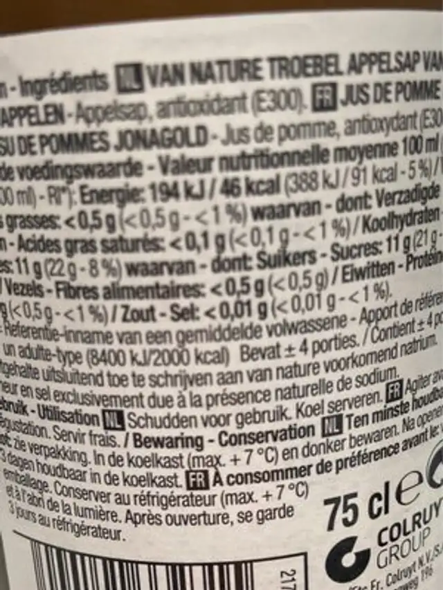 Jus de pomme nutrition facts table