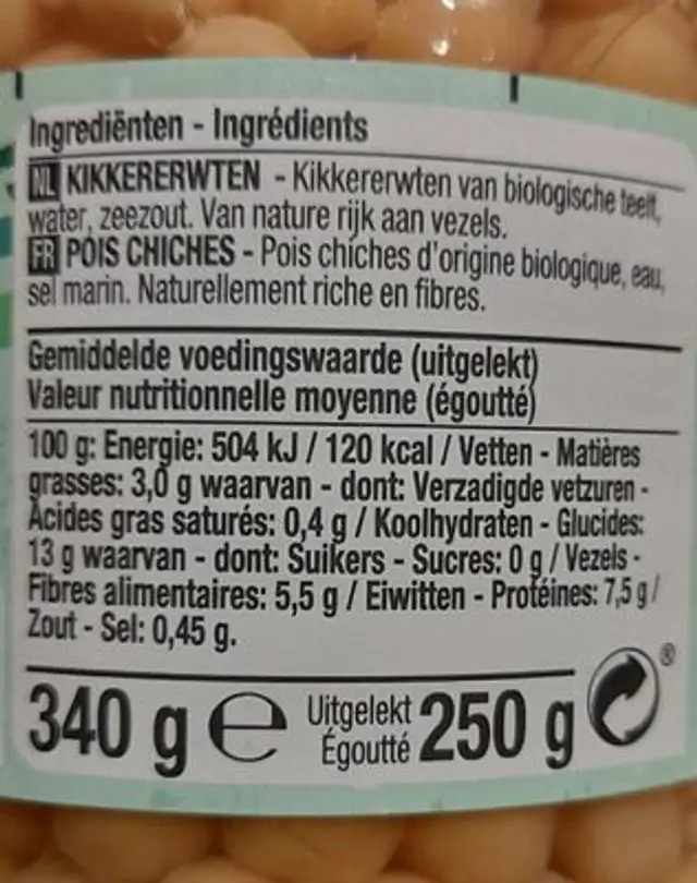Pois chiches nutrition facts table