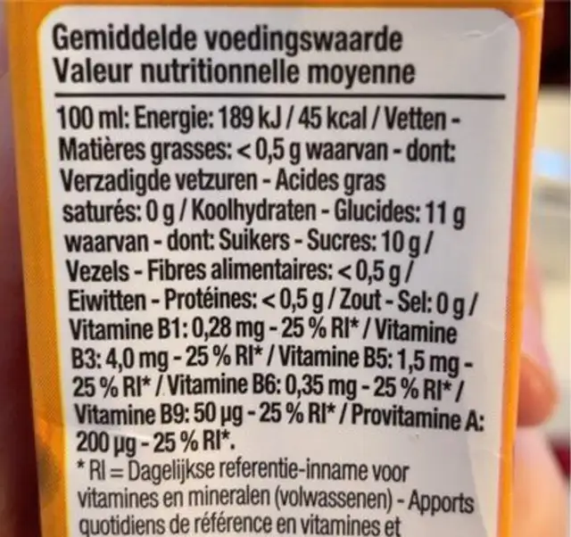 Tropical sap nutrition facts table