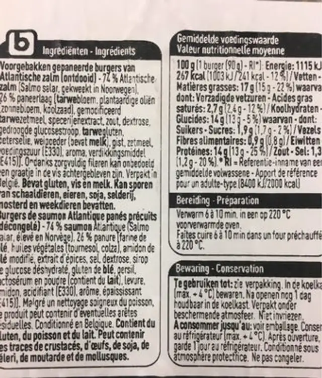 Burger saumon ingredients label