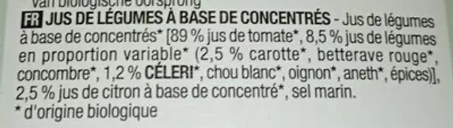 Jus de légumes à base de concentrés ingredients label