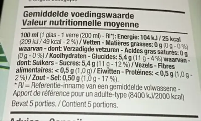 Jus de légumes à base de concentrés nutrition facts table