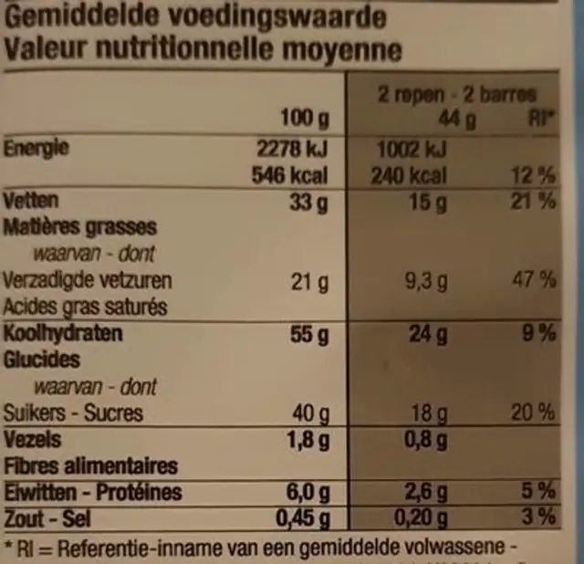 B'bar nutrition facts table