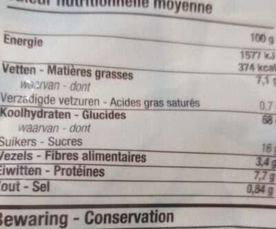 Nic-nac nutrition facts table