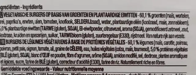 Burgers de légumes ingredients label