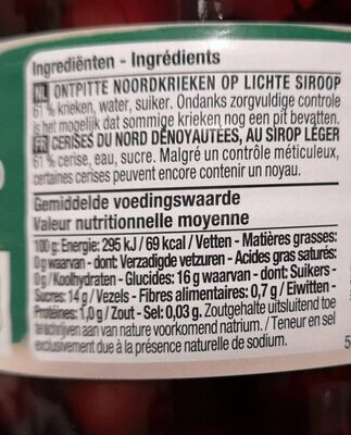 Cerise du nord au sirop léger nutrition facts table