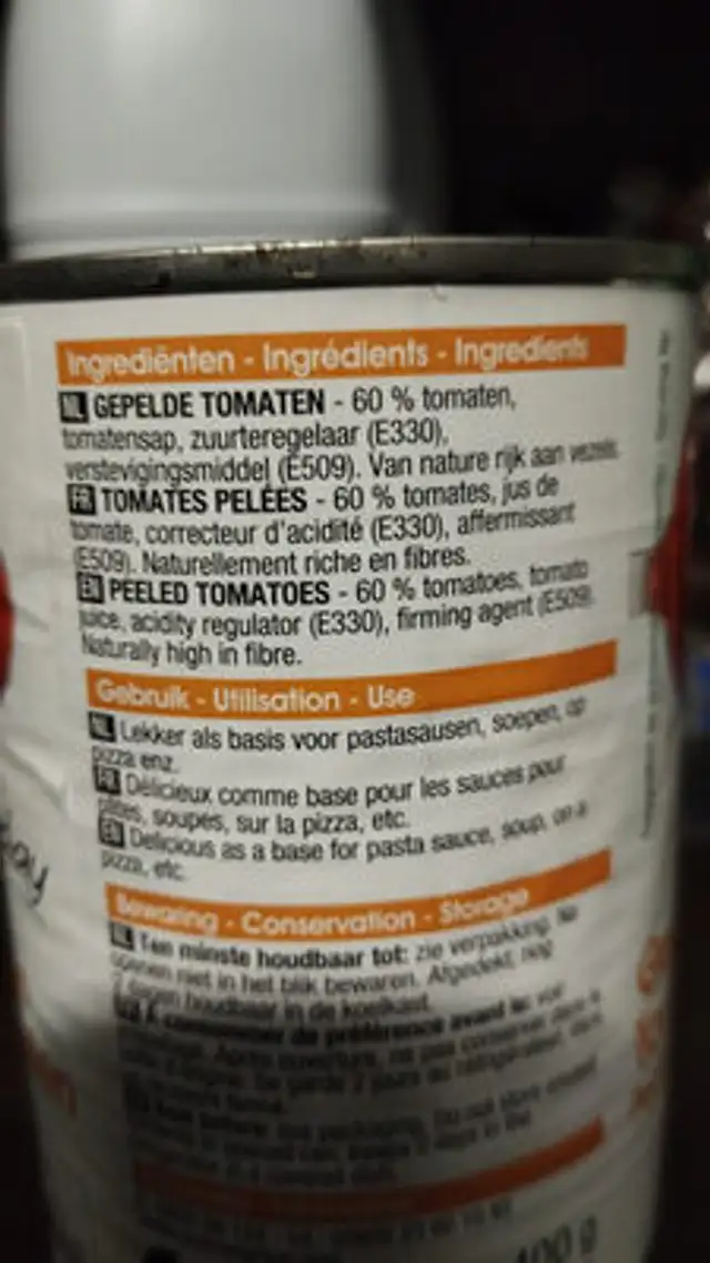 Tomates pelees ingredients label