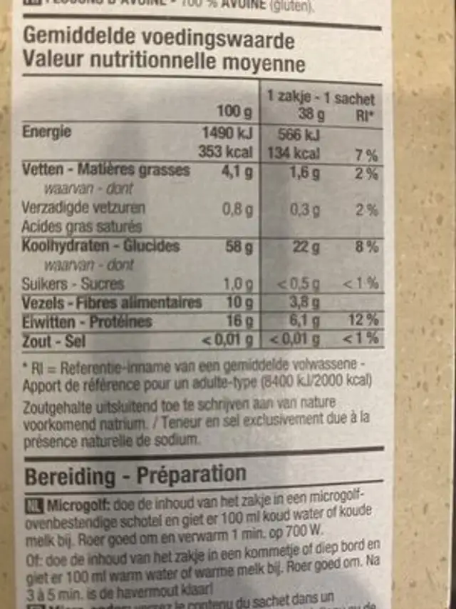 Havermout express nutrition facts table