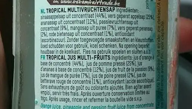 Fair trade - Tropical jus ingredients label
