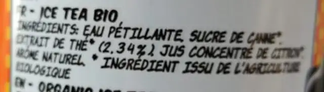 Ice Tea Bio ingredients label