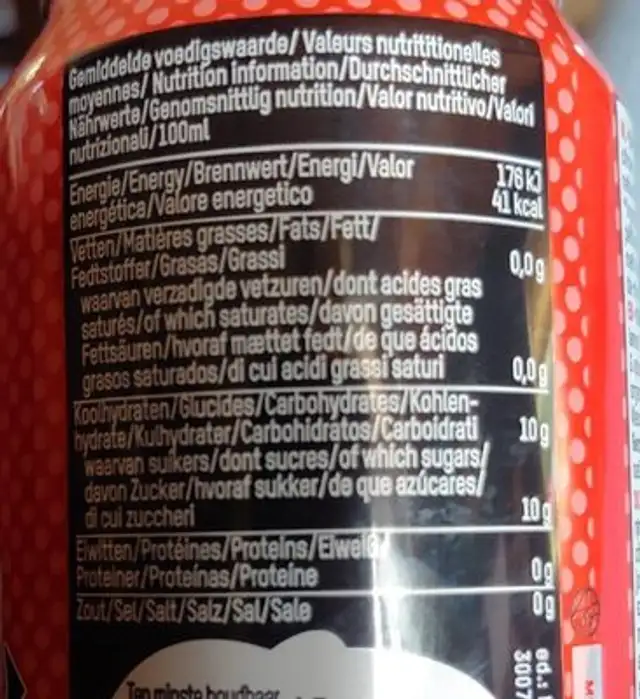 Cola nutrition facts table
