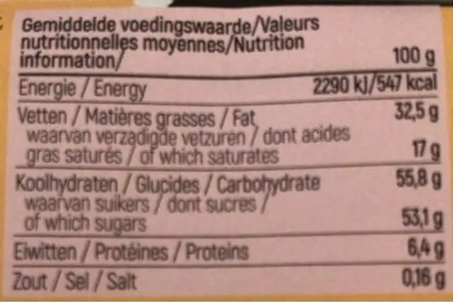 Praline fairtrade nutrition facts table