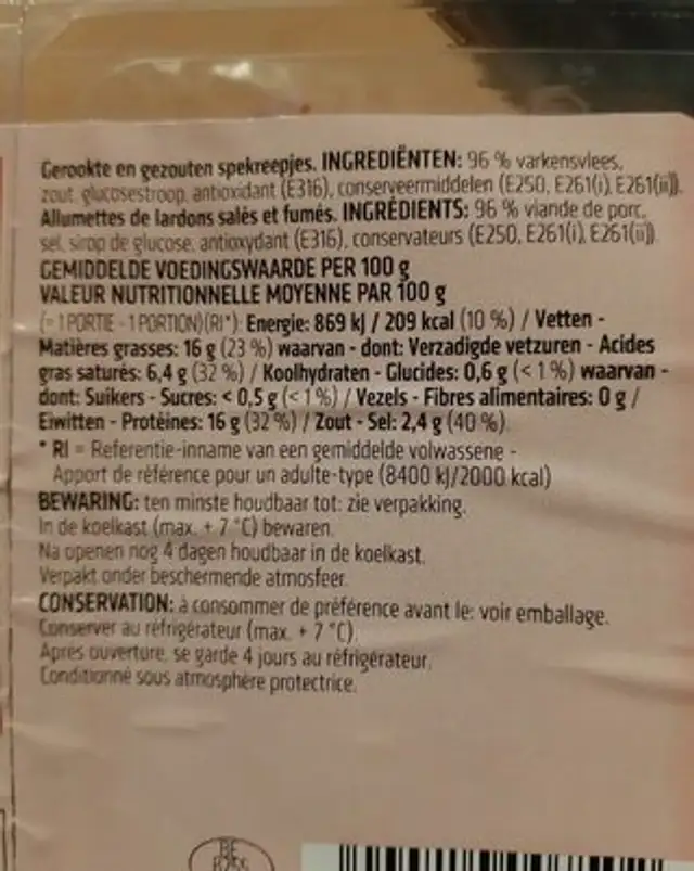 Lardons ingredients label
