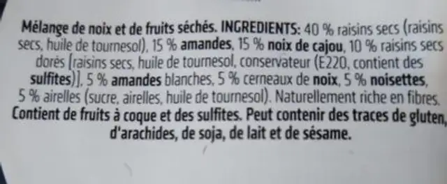 Mendiants nature ingredients label