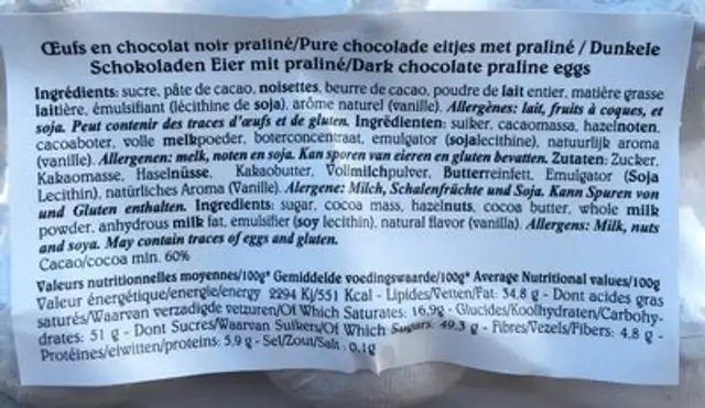 Oeufs en chocolat ingredients label