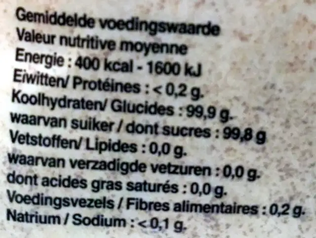 Sucre de canne semoule foncé nutrition facts table