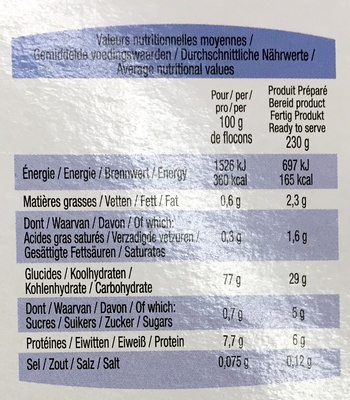 Purée de pommes de terre en flocons nutrition facts table