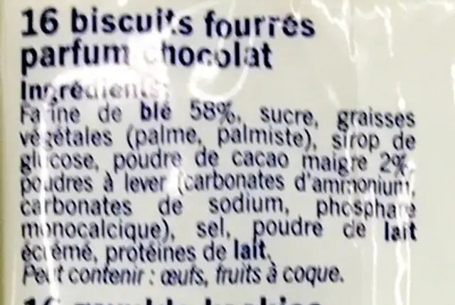 Biscuits fourrés parfum Chocolat ingredients label