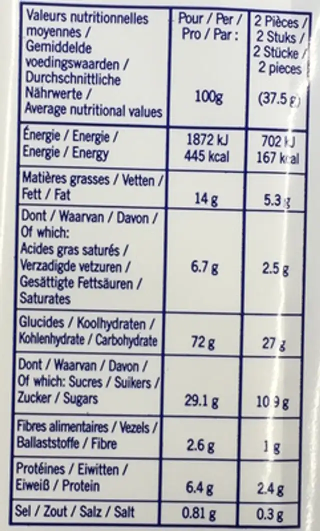 Biscuits fourrés parfum Chocolat nutrition facts table