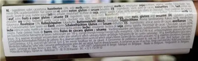 Chocolat praliné nutrition facts table
