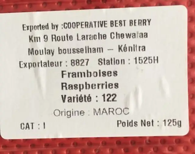 Bringebær 125G Kurv ingredients label