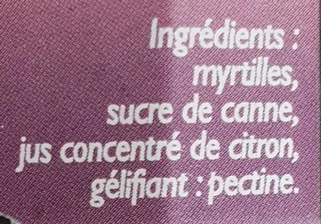 Confiture de myrtilles au sucre de canne ingredients label