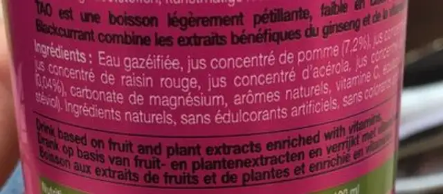 Blackcurrant Sparkling Drink ingredients label