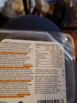 Salami à l'ail ingredients label