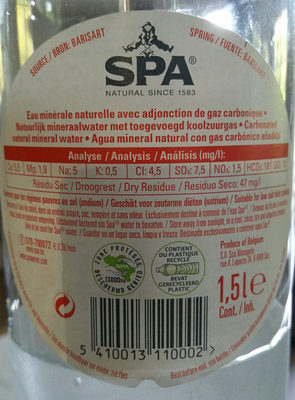 Spa Intense - spranklend mineral water nutrition facts table