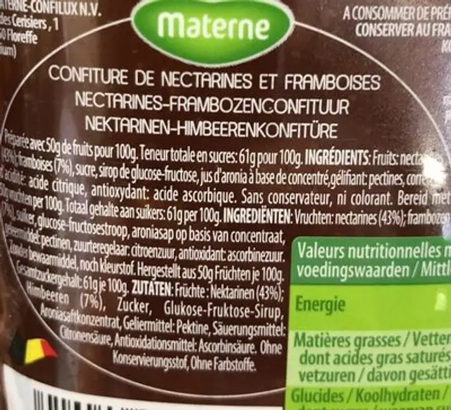 Confiture Nectarines & Framboises ingredients label