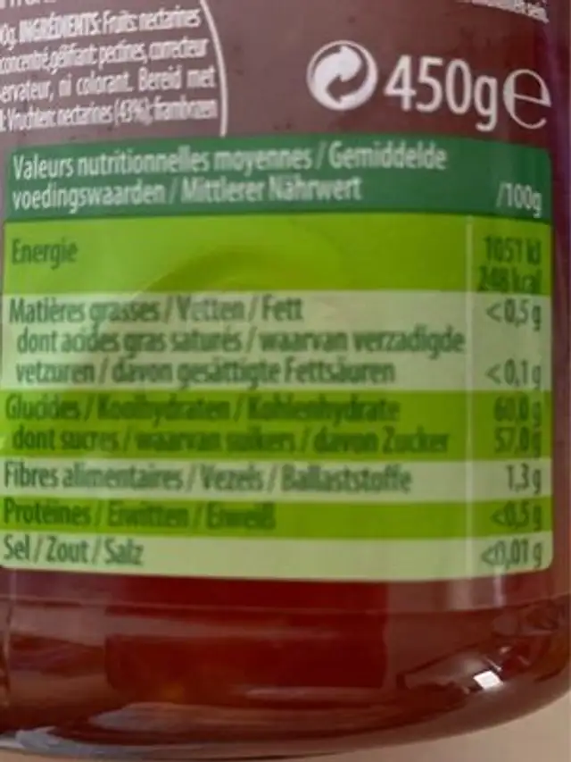 Confiture Nectarines & Framboises nutrition facts table