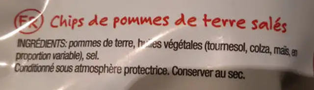 Lay's Naturel XL size ingredients label
