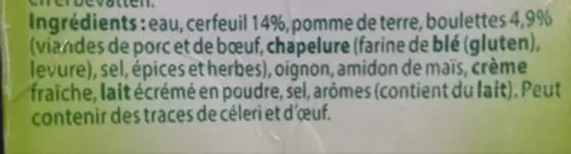 Kervel met balletjes ingredients label