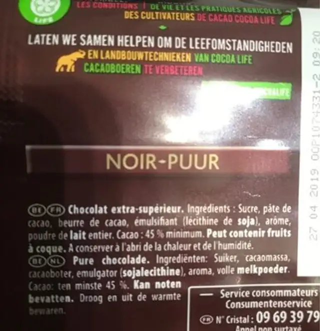 Chocolat ingredients label