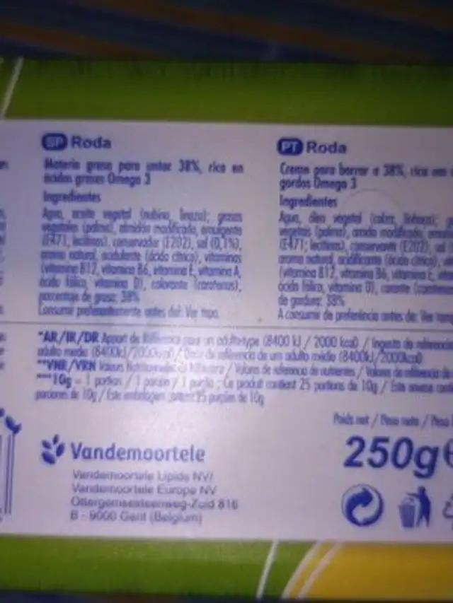 Roda ingredients label