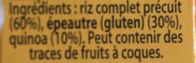 Brown Rice + Epeautre + Quinoa ingredients label