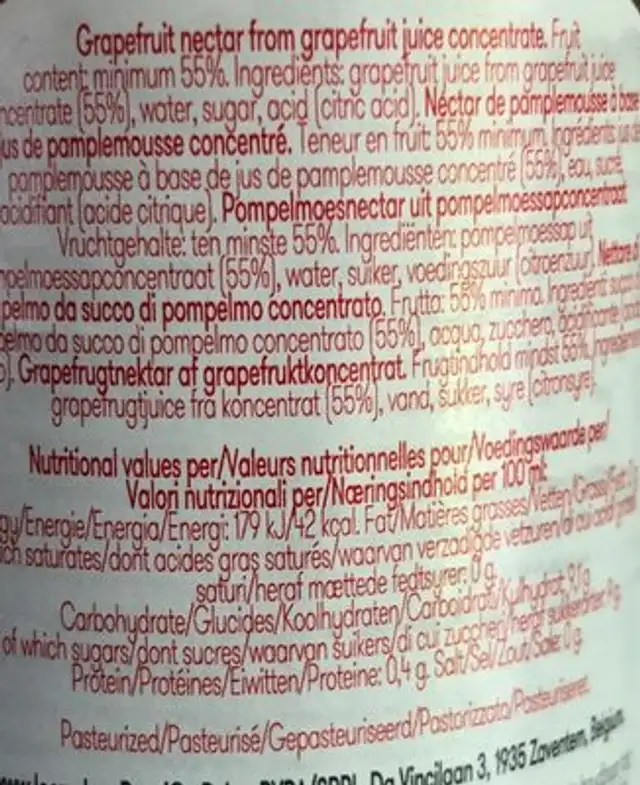 LOOZA grapefruit ingredients label