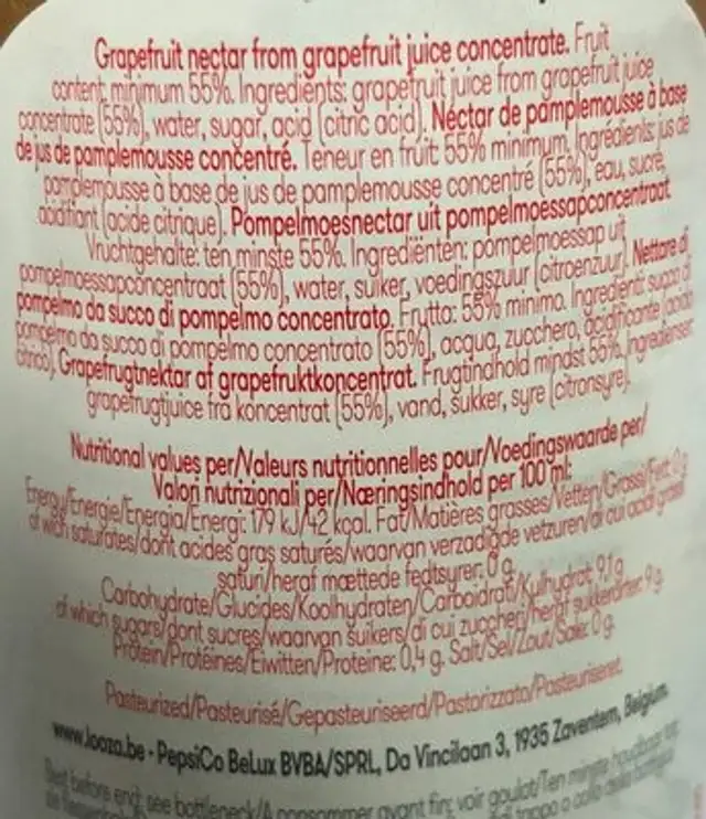 LOOZA grapefruit nutrition facts table