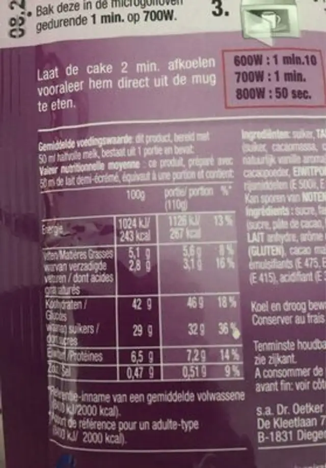 Mug Cake nutrition facts table
