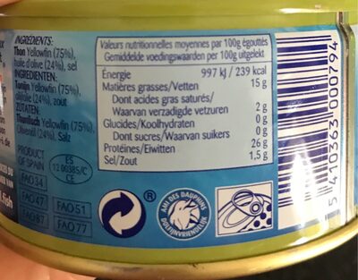 Thon à l'huile olive pêché à la ligne nutrition facts table