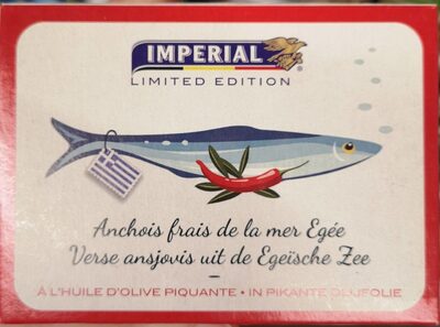 Anchois frais de la mer Egée à l'huile d'olive piquante front packaging
