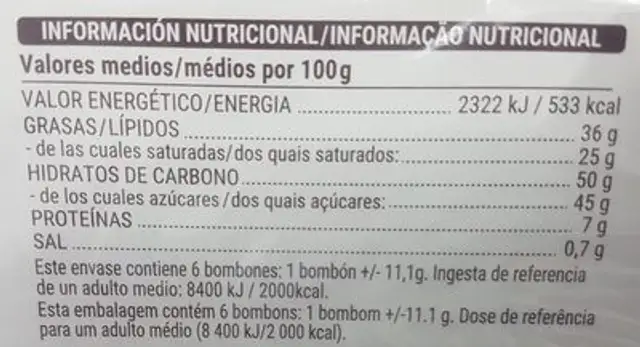 Rellenos de trufa crujiente nutrition facts table