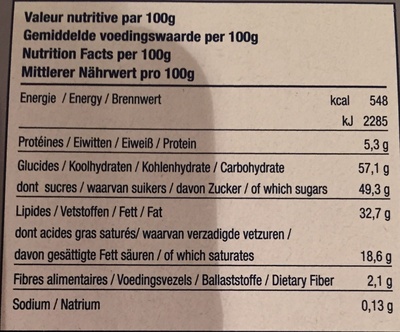 Perle Praliné Gianduja nutrition facts table