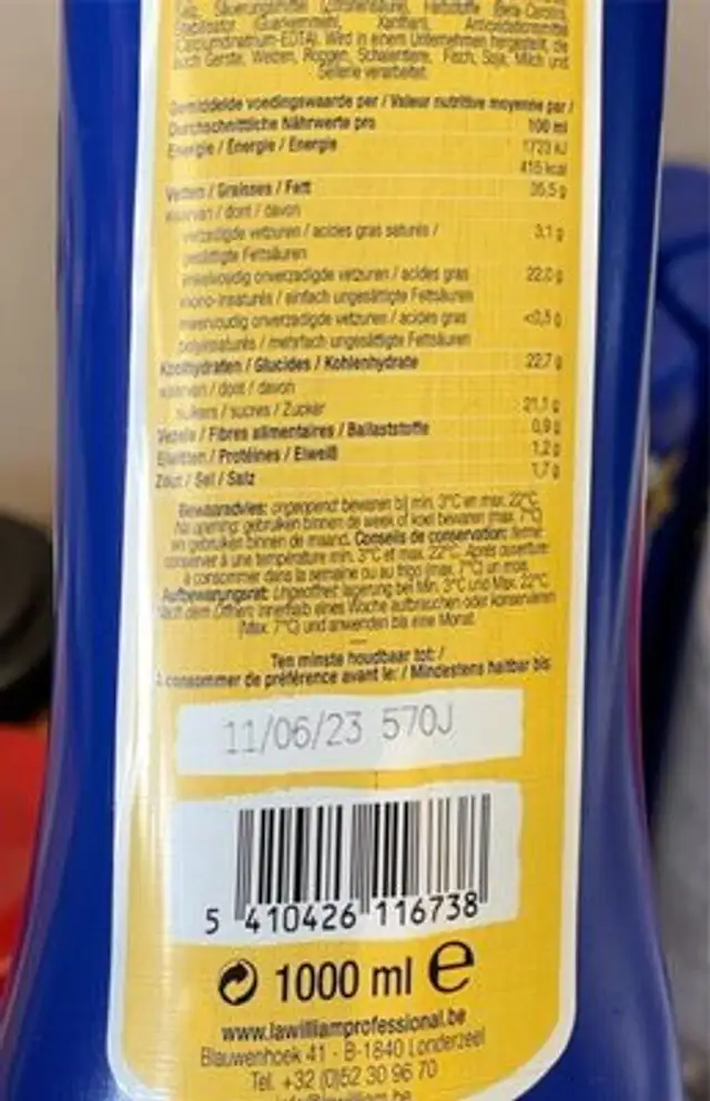 Tosca nutrition facts table