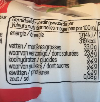 Crème entière 33% m.g. ingredients label