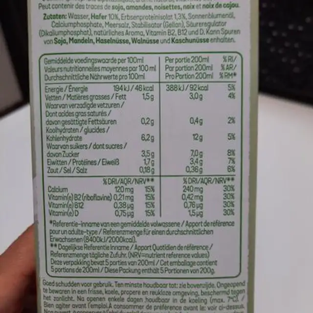 Camping végétal Avoine nutrition facts table