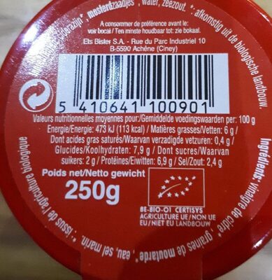 BISTER Moutarde BIO nutrition facts table